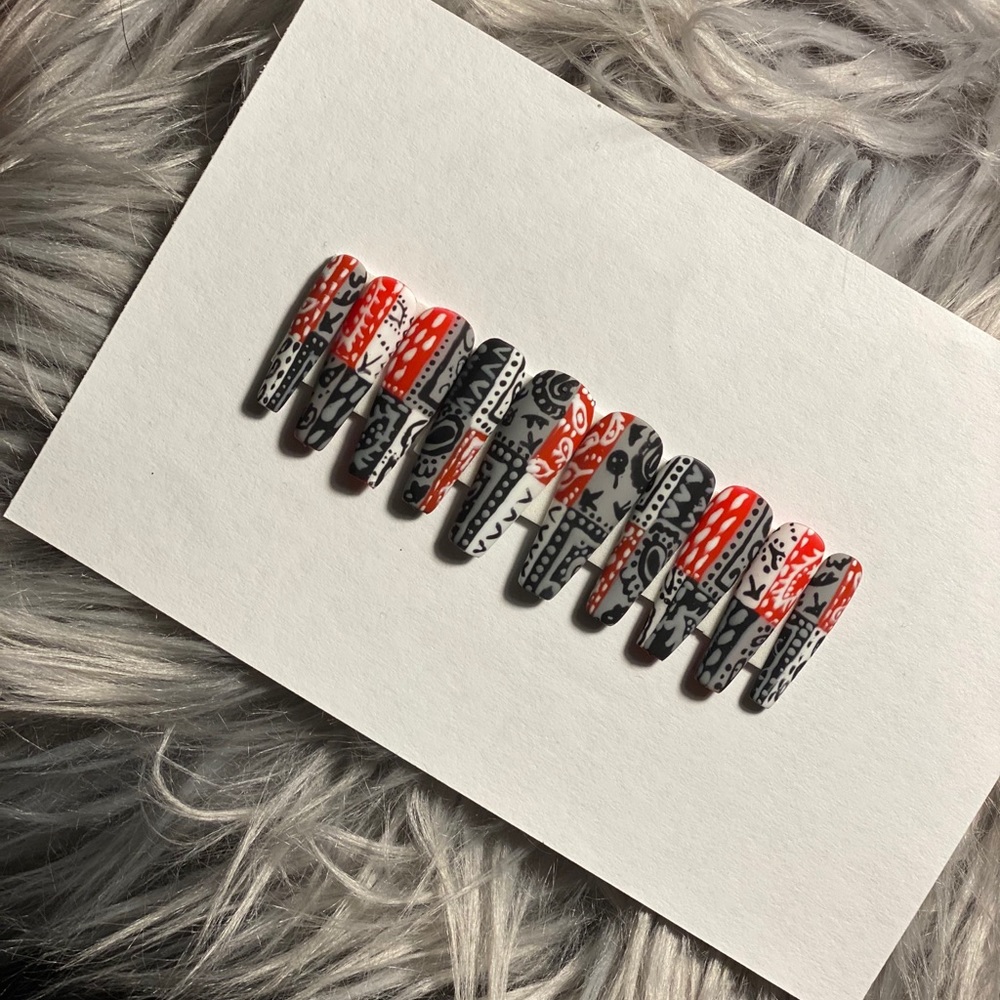 Red, Black, Grey & White Press on Nails